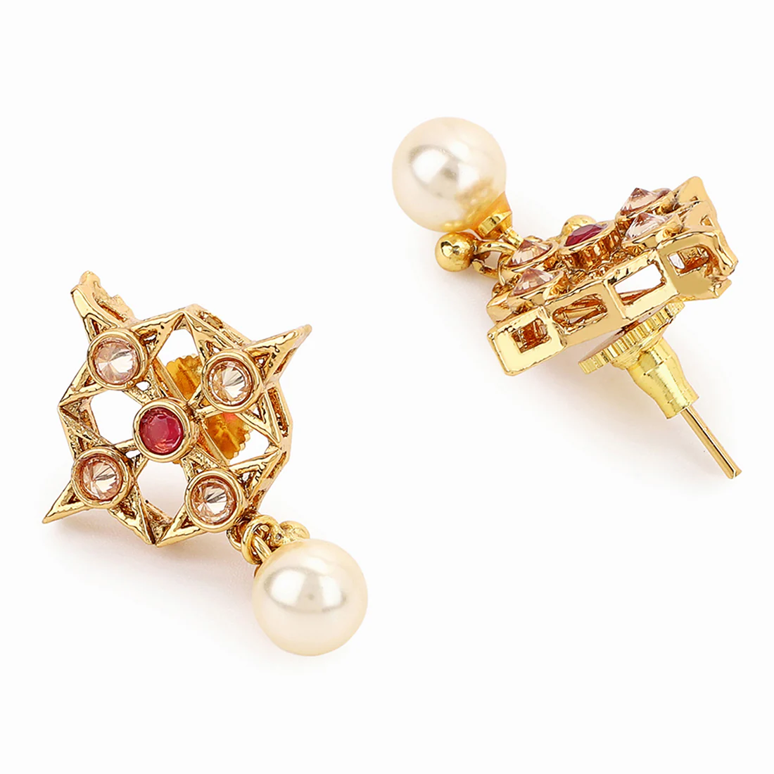American Diamond CZ Gold Plated Pearl Brass Drop Earrings - Image 4