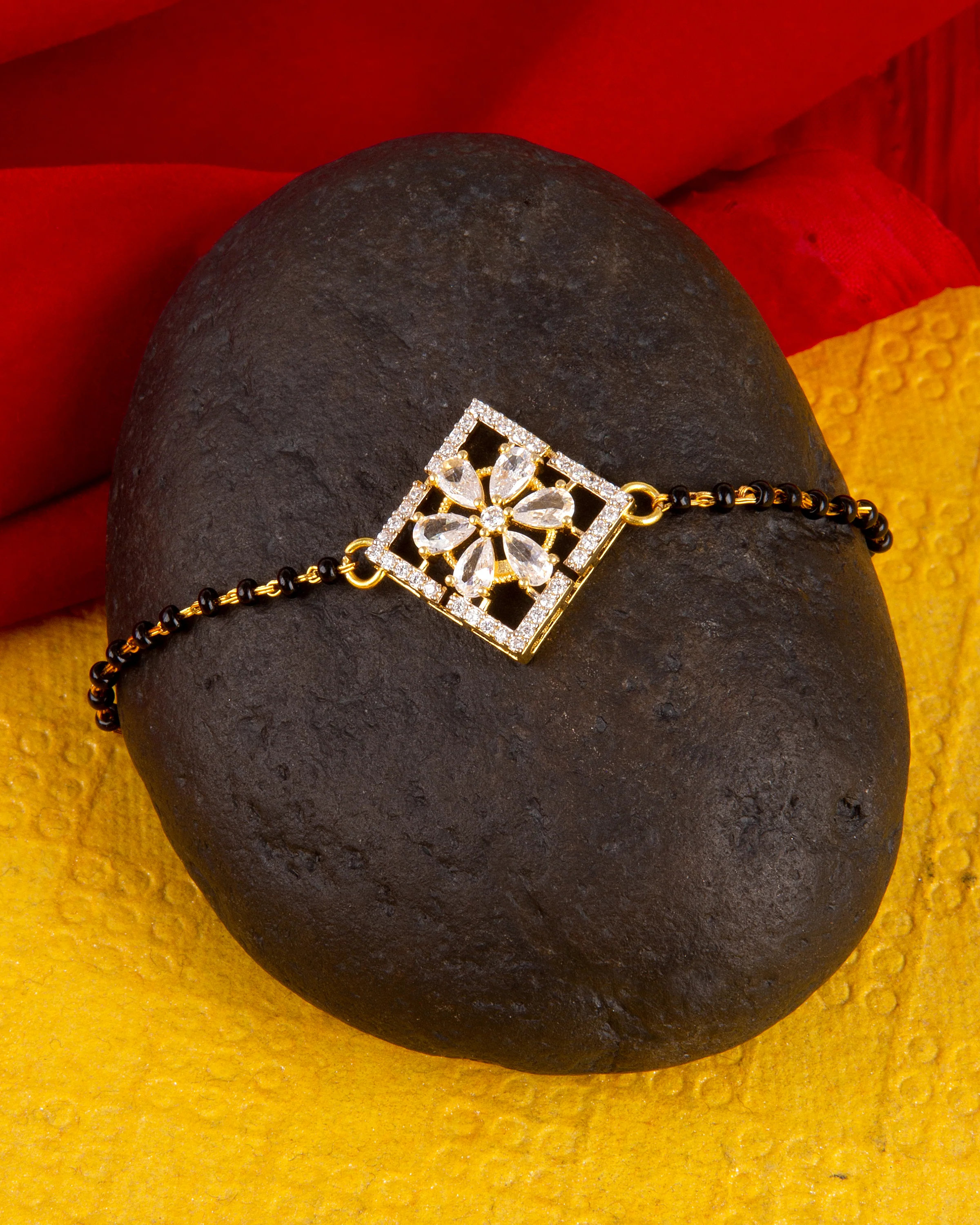 American Diamond CZ Golden Round Brass Black Beaded Mangalsutra Bracelet