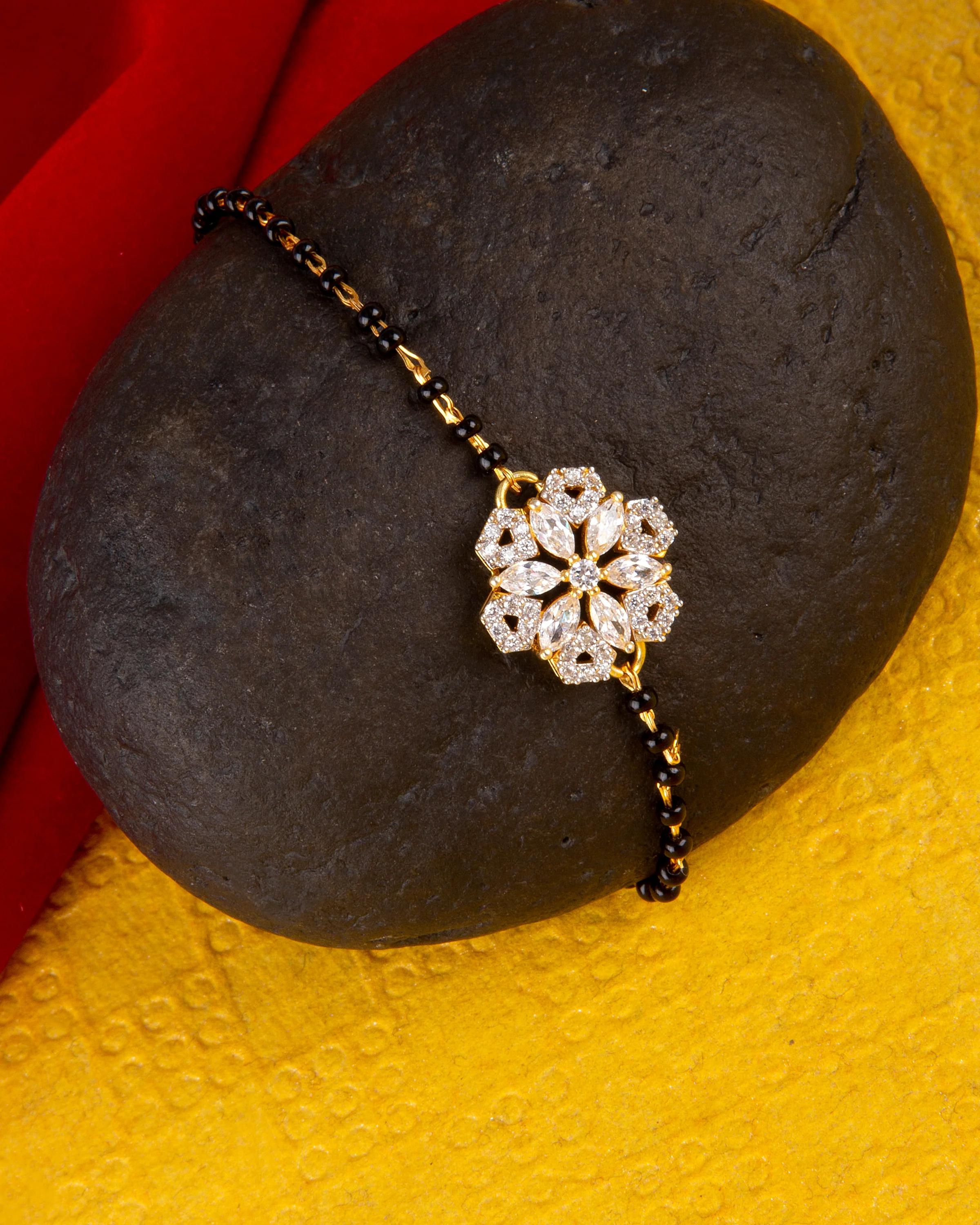 American Diamond CZ Golden Round Brass Black Beaded Mangalsutra Bracelet
