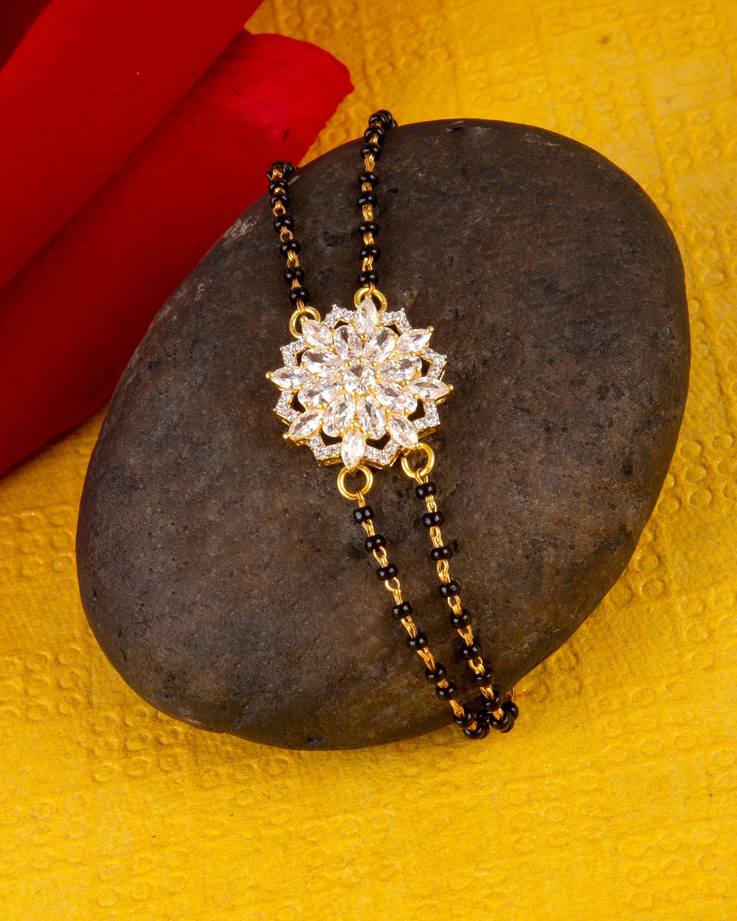 American Diamond CZ Golden Round Brass Black Beaded Mangalsutra Bracelet