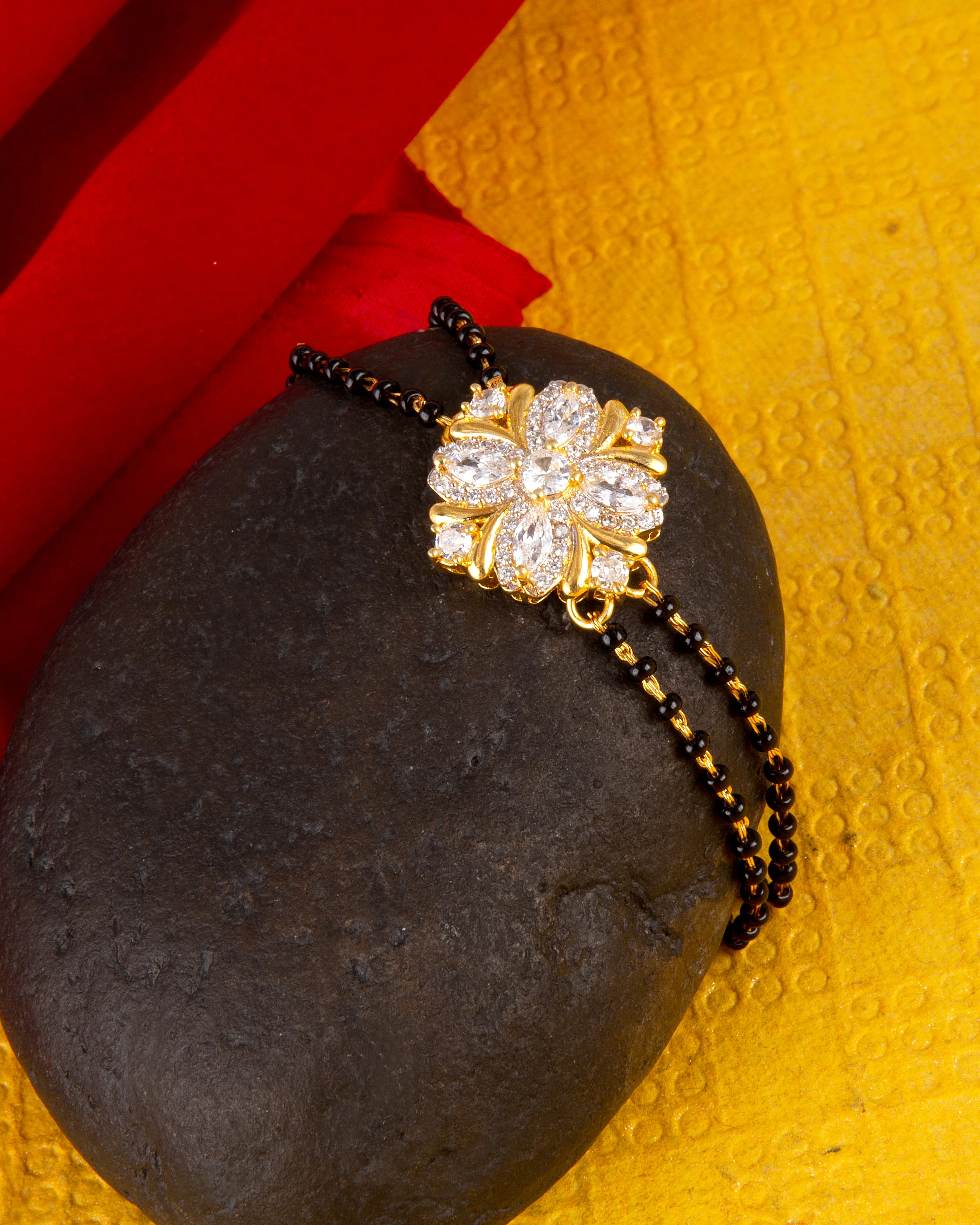 American Diamond CZ Golden Round Brass Black Beaded Mangalsutra Bracelet