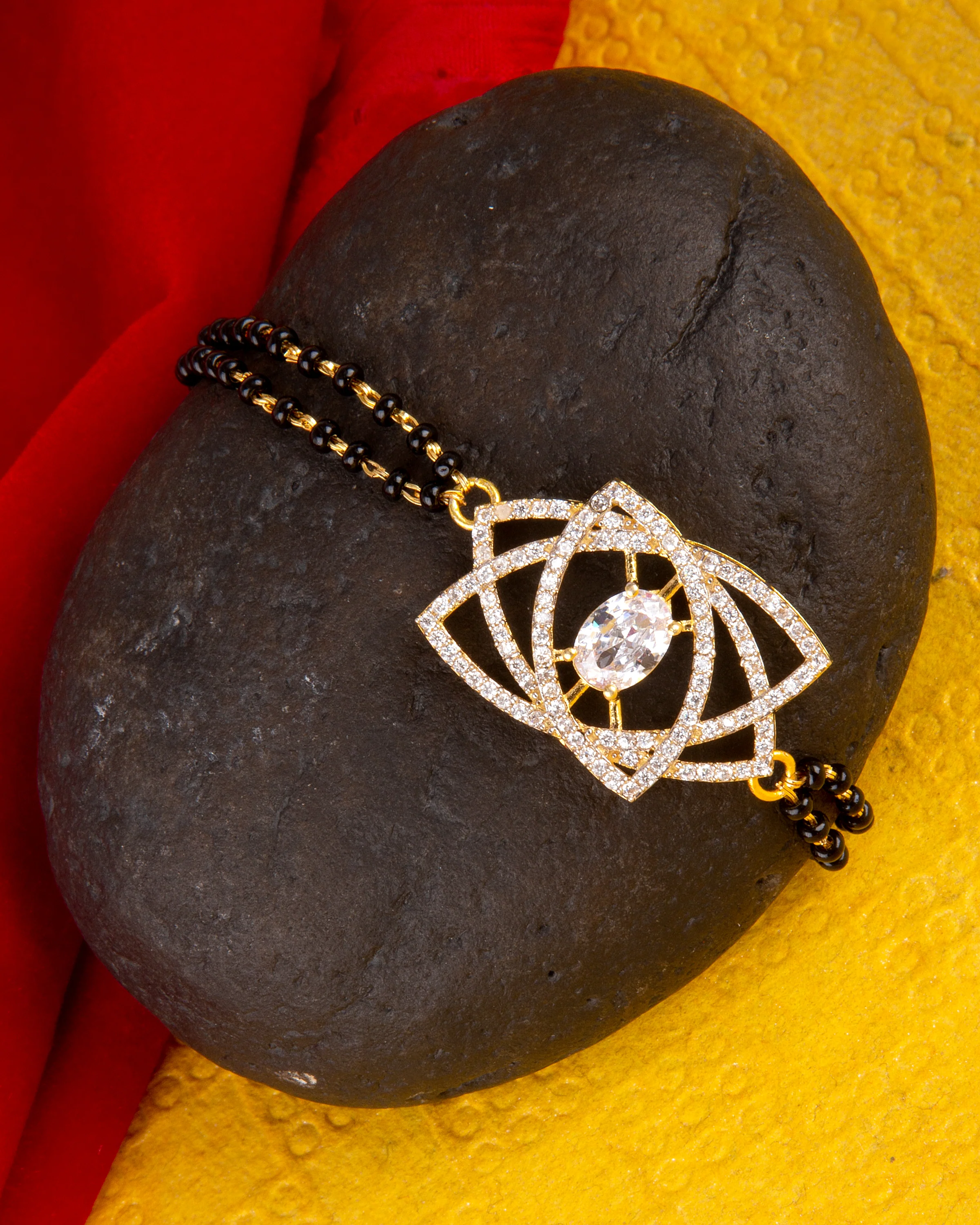 American Diamond CZ Golden Round Brass Black Beaded Mangalsutra Bracelet
