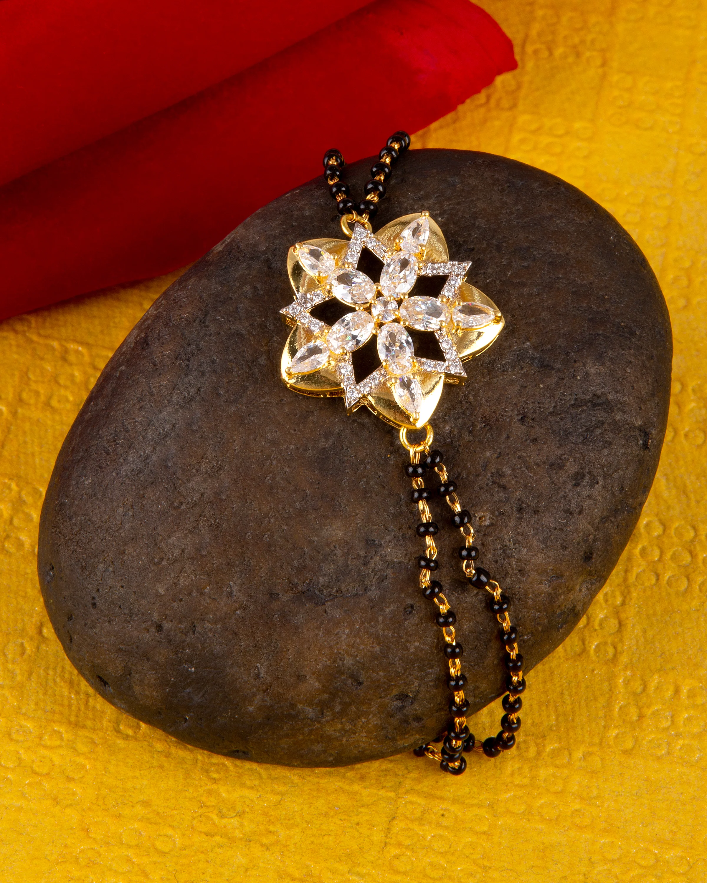 American Diamond CZ Golden Round Brass Black Beaded Mangalsutra Bracelet