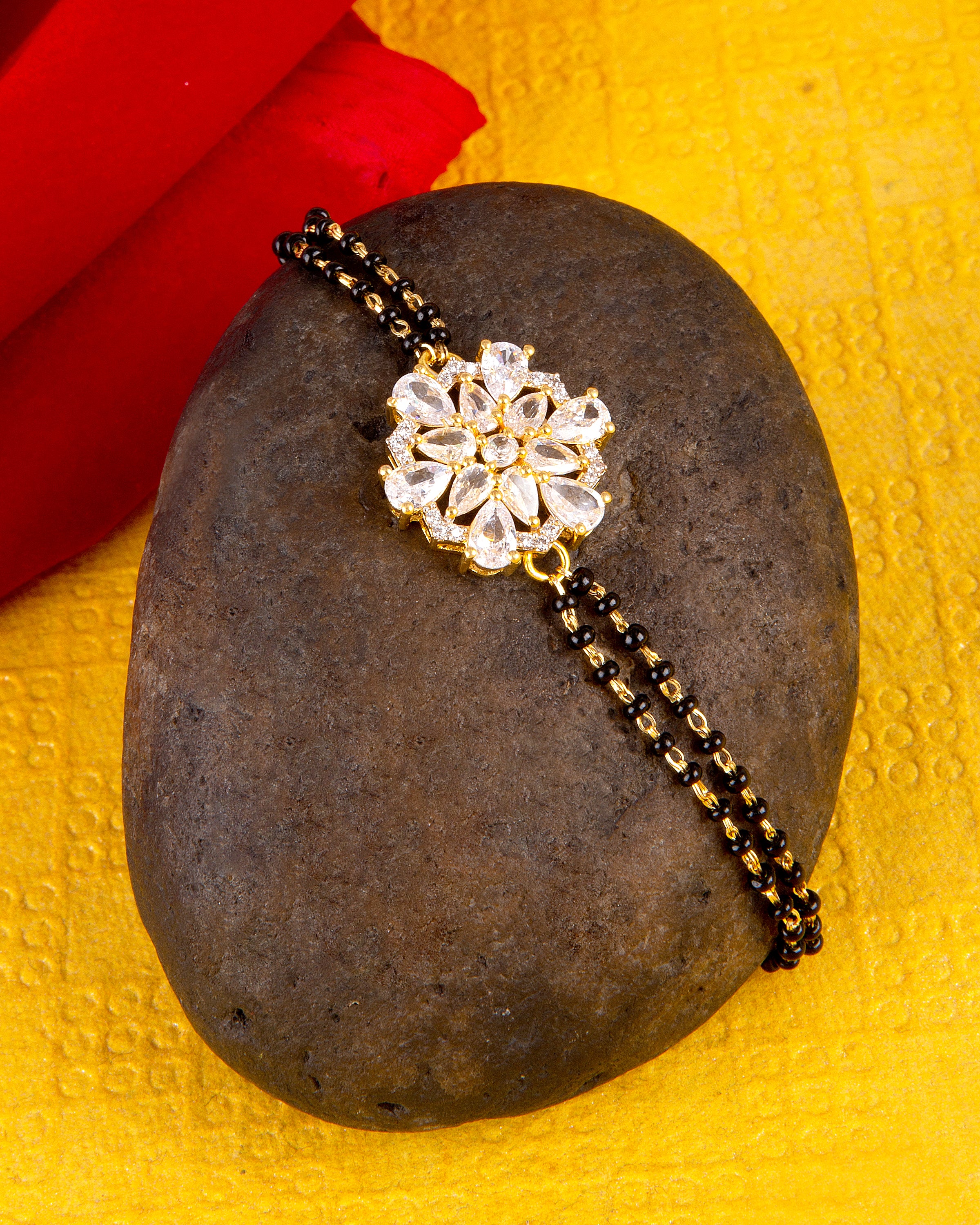 American Diamond CZ Golden Round Brass Black Beaded Mangalsutra Bracelet