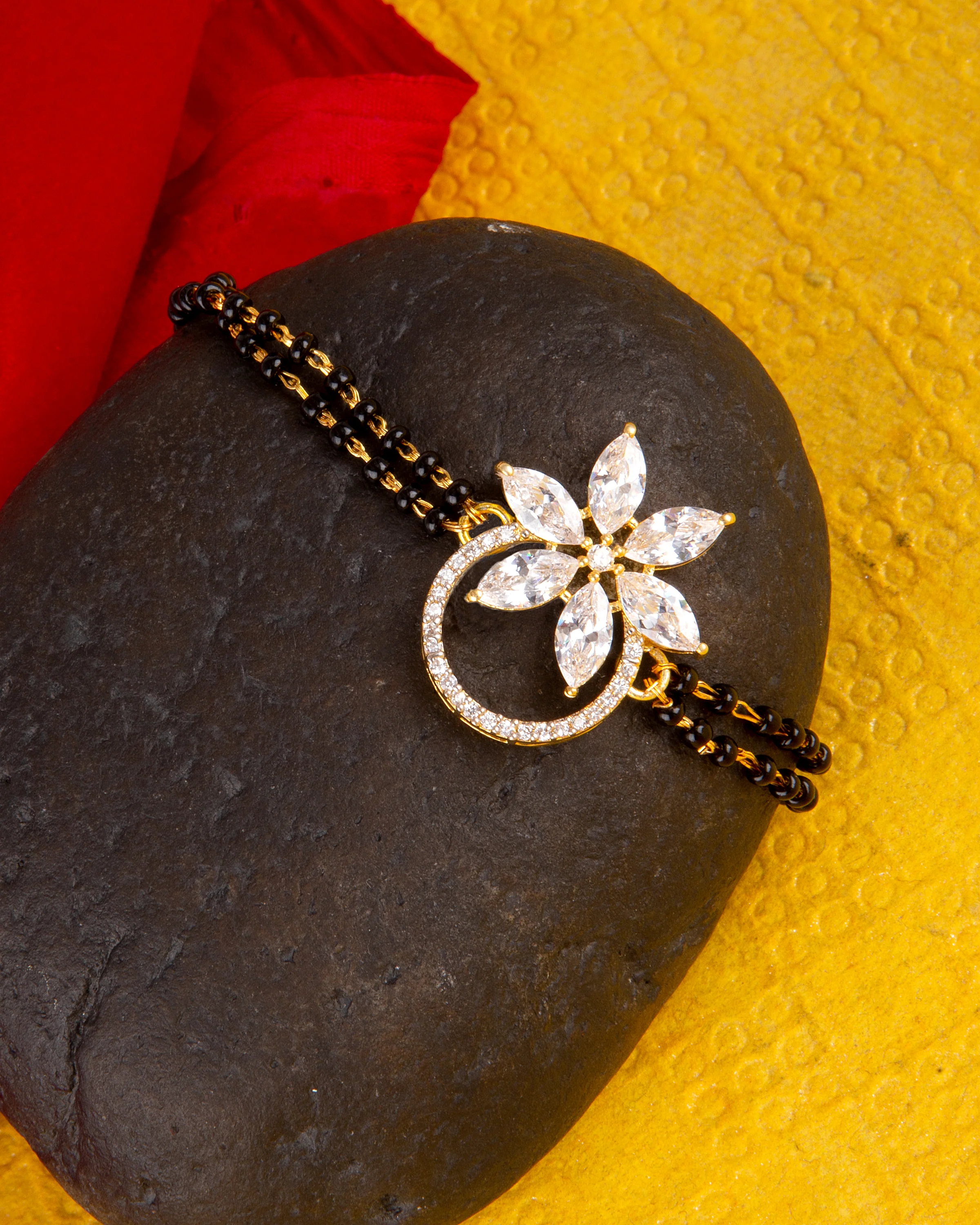 American Diamond CZ Golden Round Brass Black Beaded Mangalsutra Bracelet