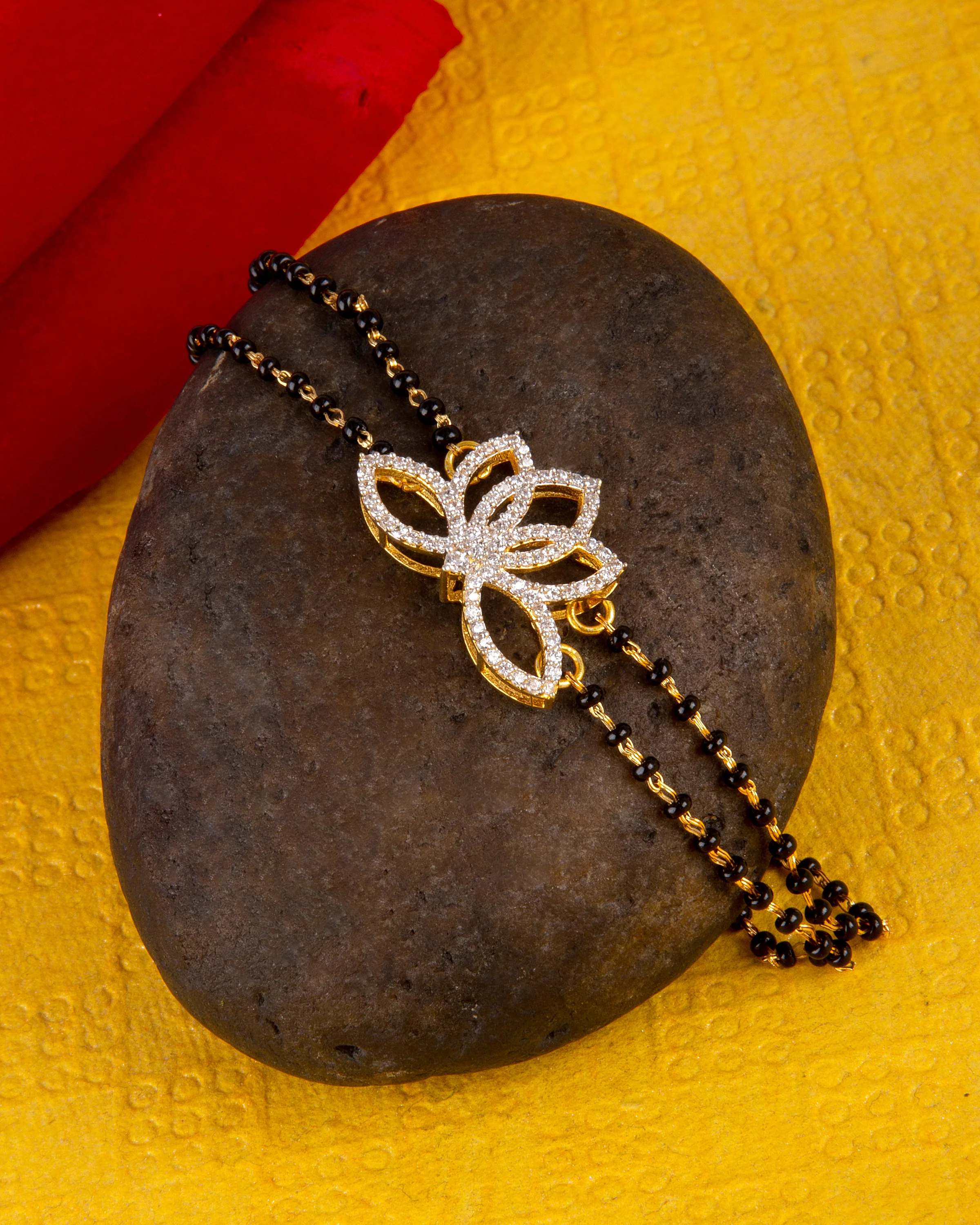 American Diamond CZ Golden Round Brass Black Beaded Mangalsutra Bracelet