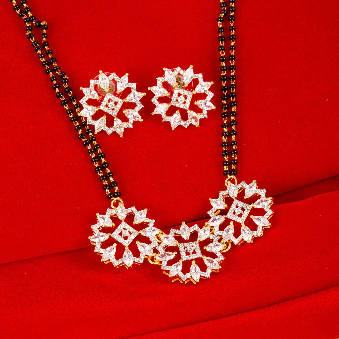 Elegant American Diamond CZ Gold Round Mangalsutra with Earrings