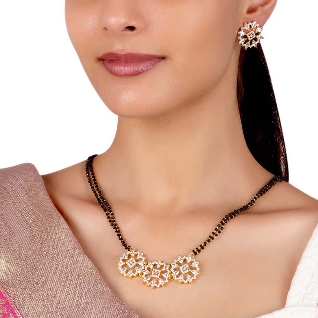 Elegant American Diamond CZ Gold Round Mangalsutra with Earrings - Image 2