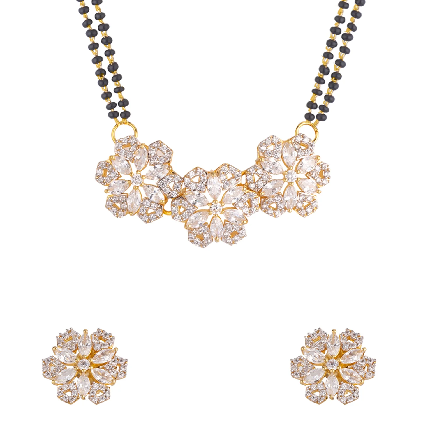Stylish American Diamond CZ Golden Brass Mangalsutra with Earrings