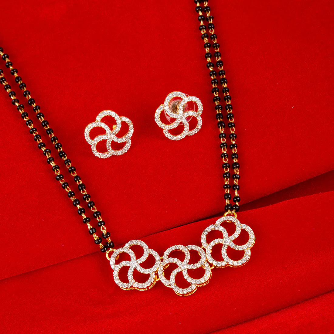 Golden Brass Mangalsutra with American Diamond CZ and Earrings