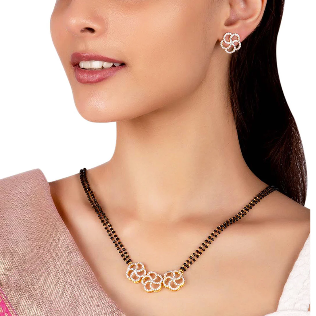 Golden Brass Mangalsutra with American Diamond CZ and Earrings - Image 2