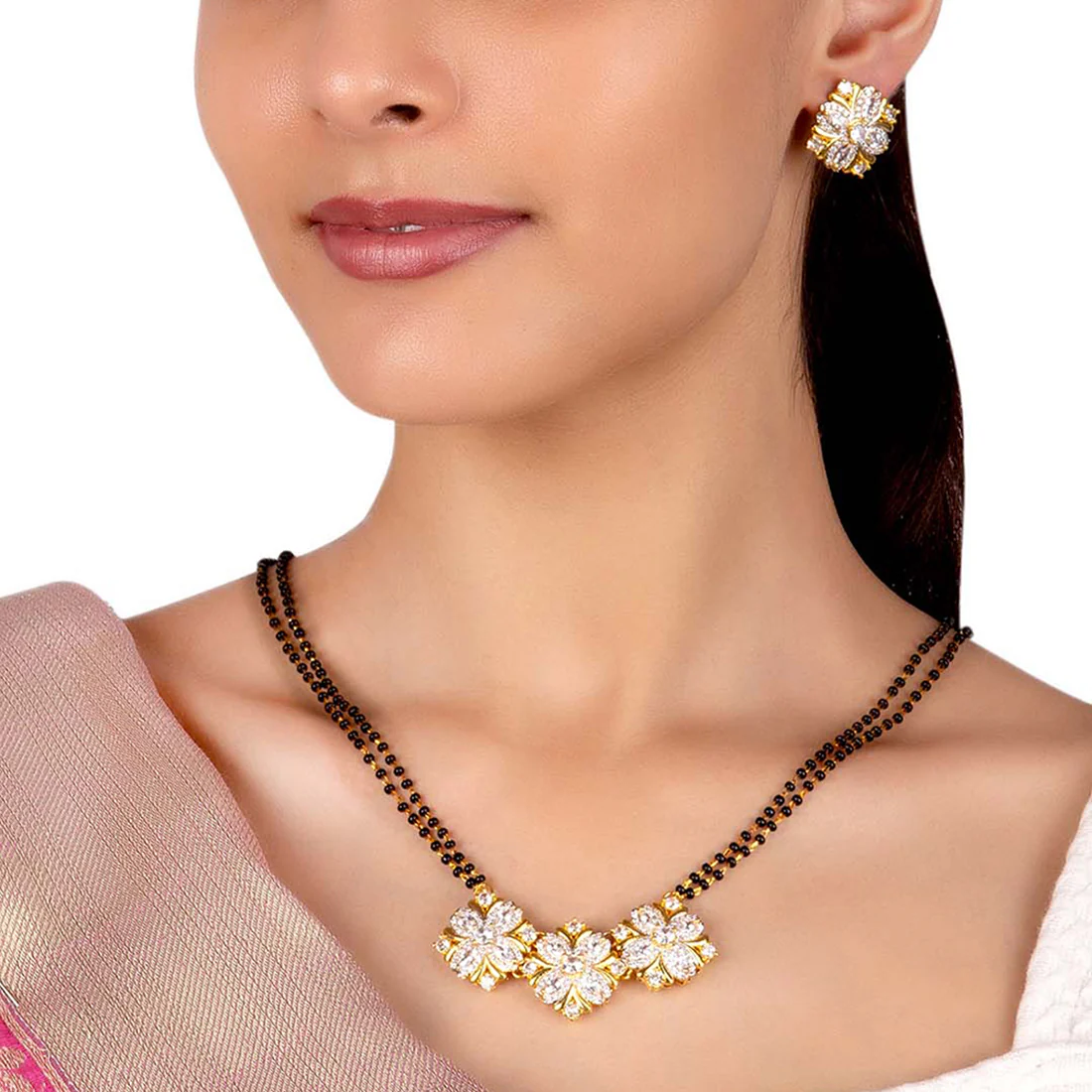 American Diamond CZ Golden Round Brass Black Beaded Mangalsutra with Earrings - Image 2