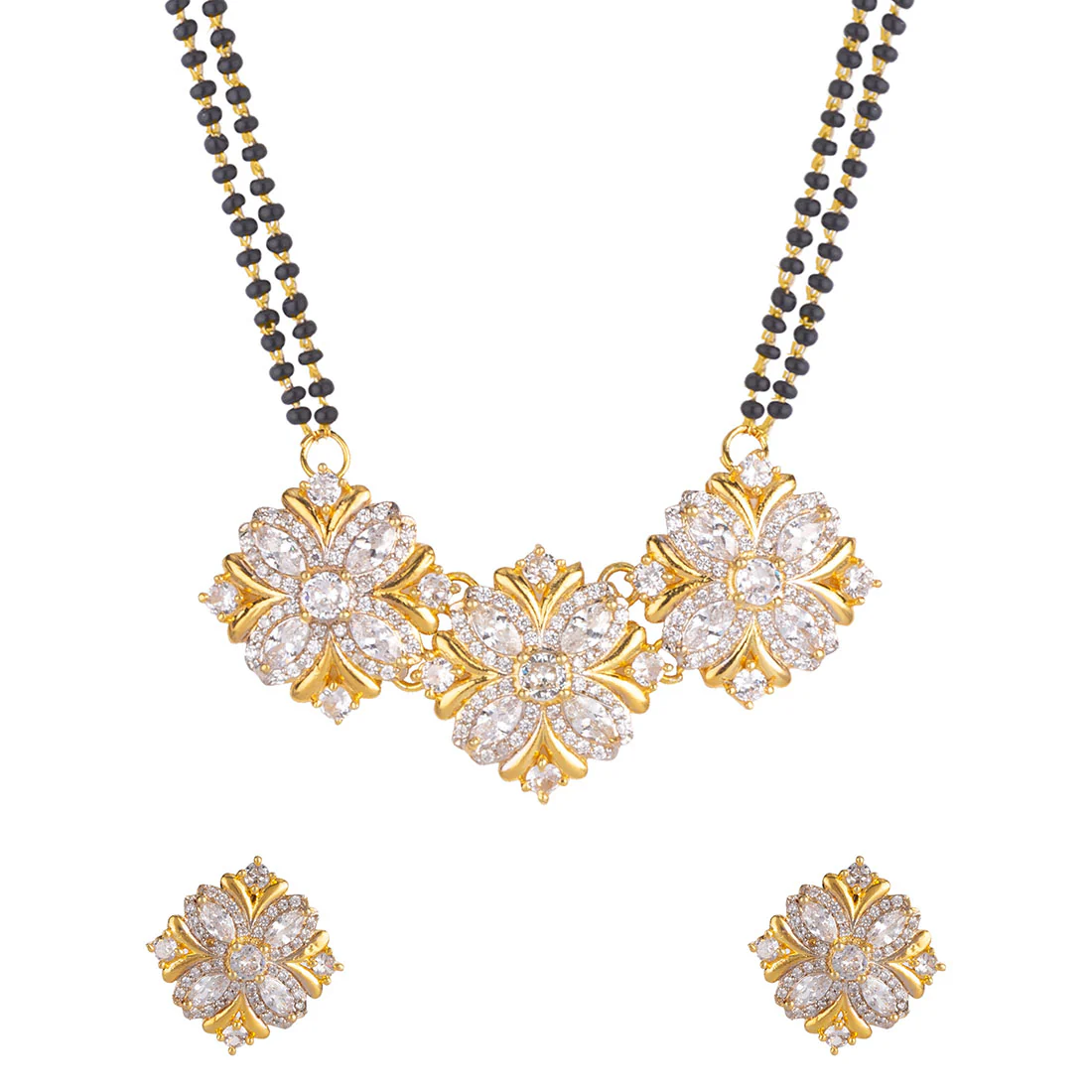 American Diamond CZ Golden Round Brass Black Beaded Mangalsutra with Earrings - Image 3