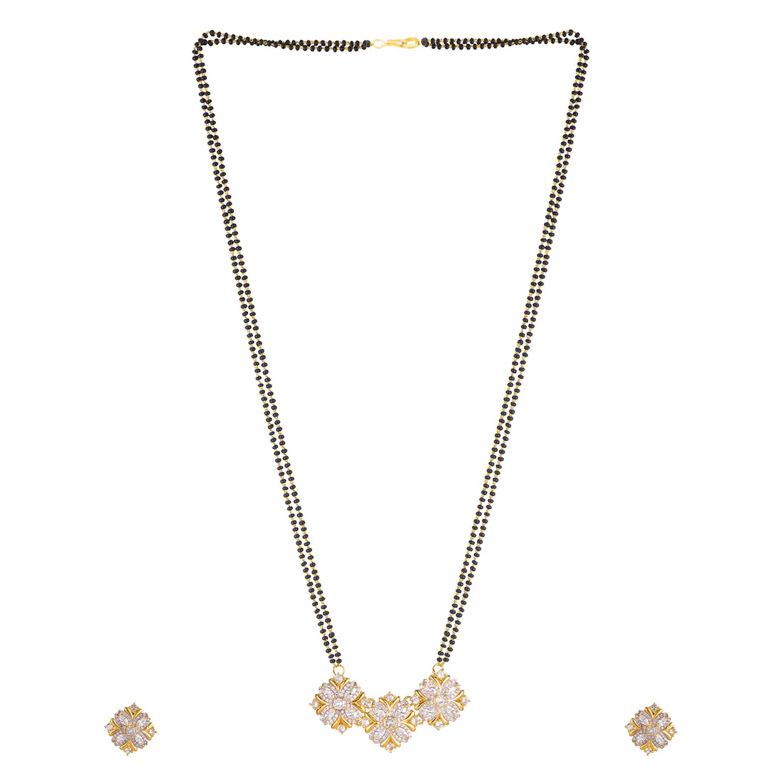 American Diamond CZ Golden Round Brass Black Beaded Mangalsutra with Earrings - Image 4
