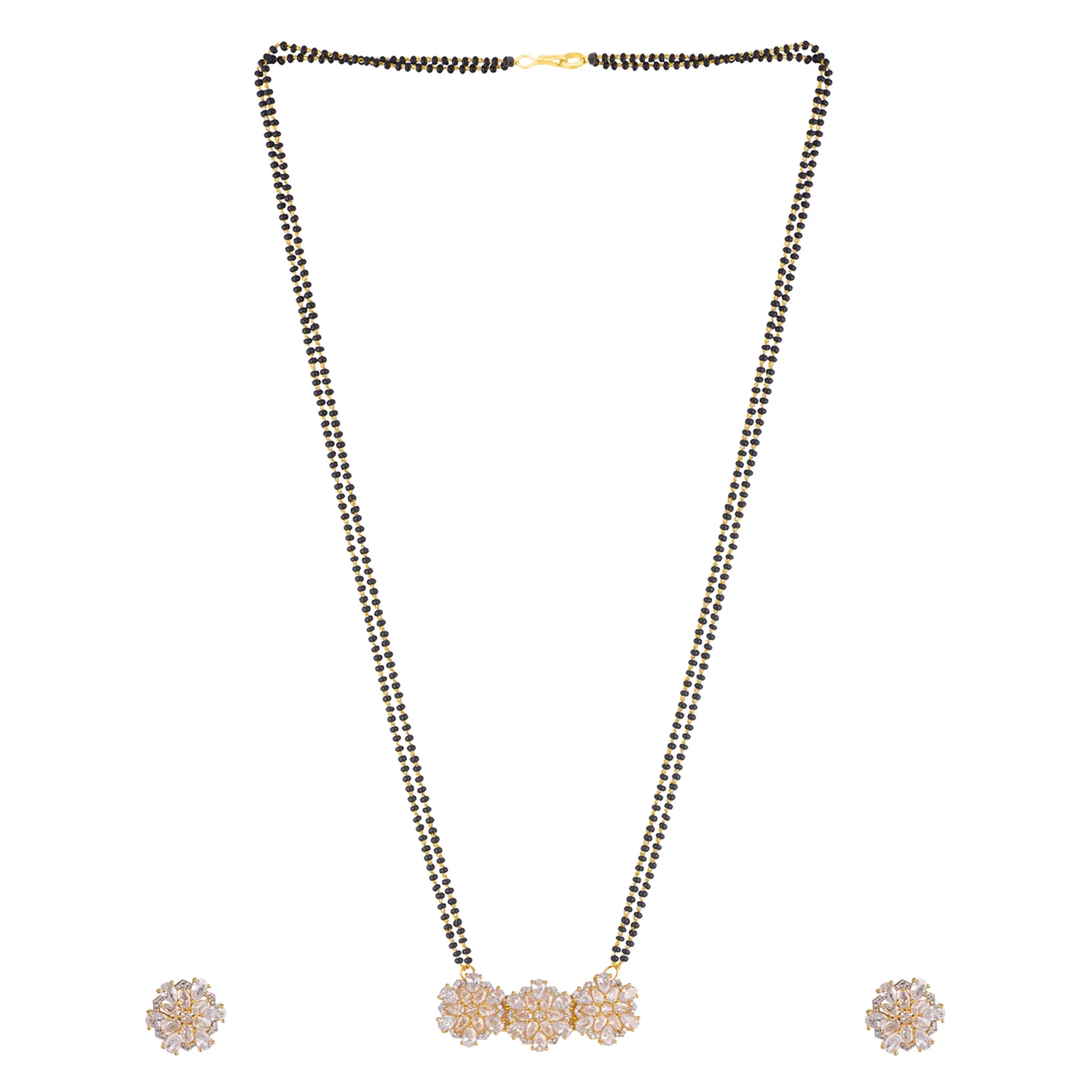 American Diamond CZ Golden Round Brass Black Beaded Mangalsutra with Earrings - Image 2