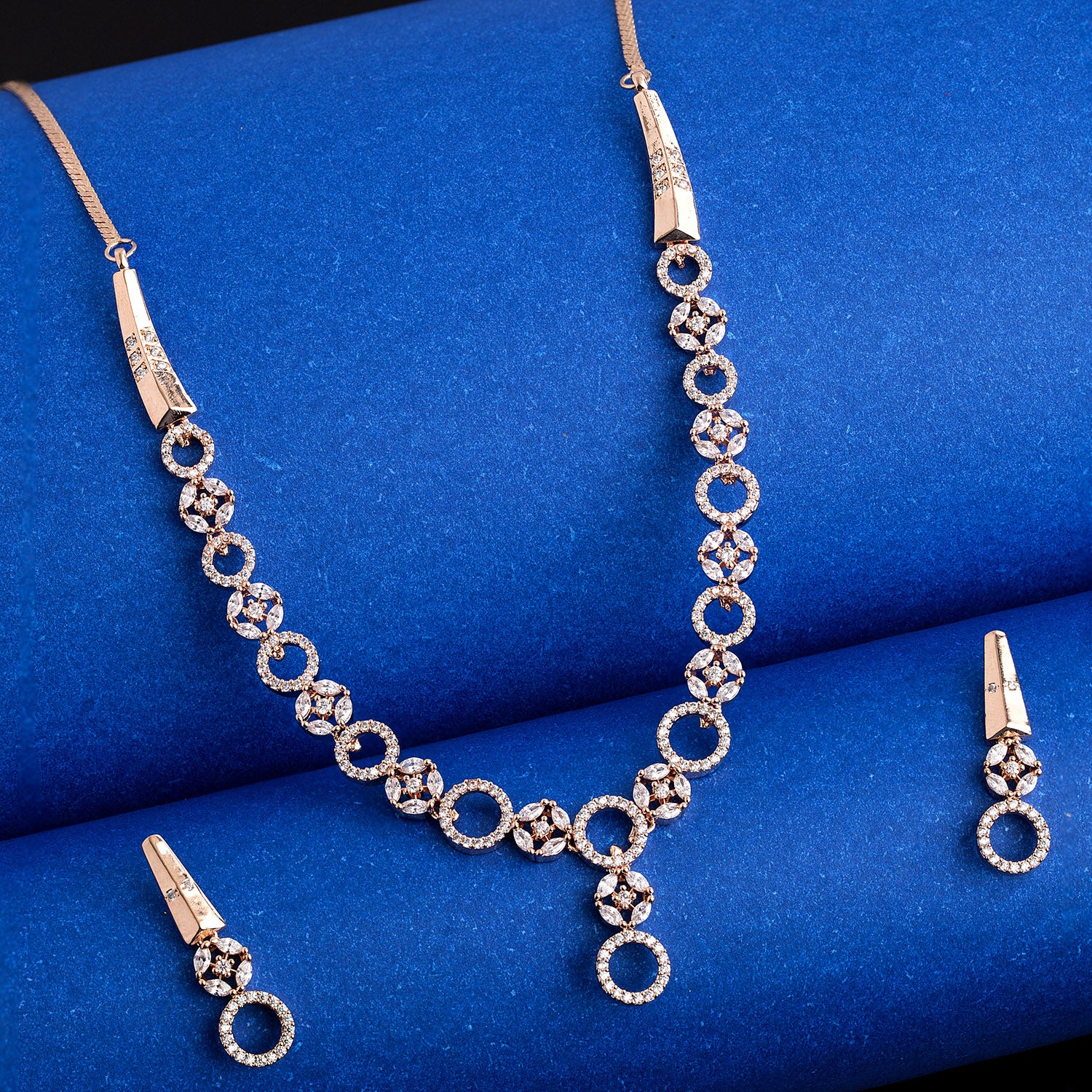 American Diamond CZ Rose Gold Brass Jewellery Set