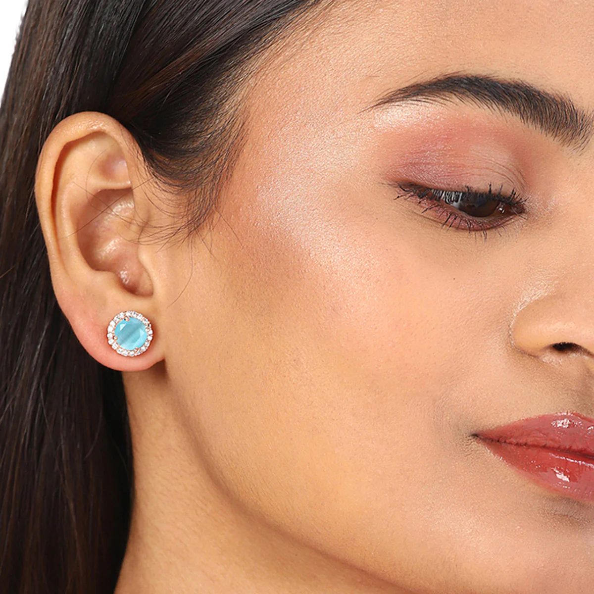 American Diamond CZ Rose Gold Brass Stud Earrings with Blue Stone - Image 2