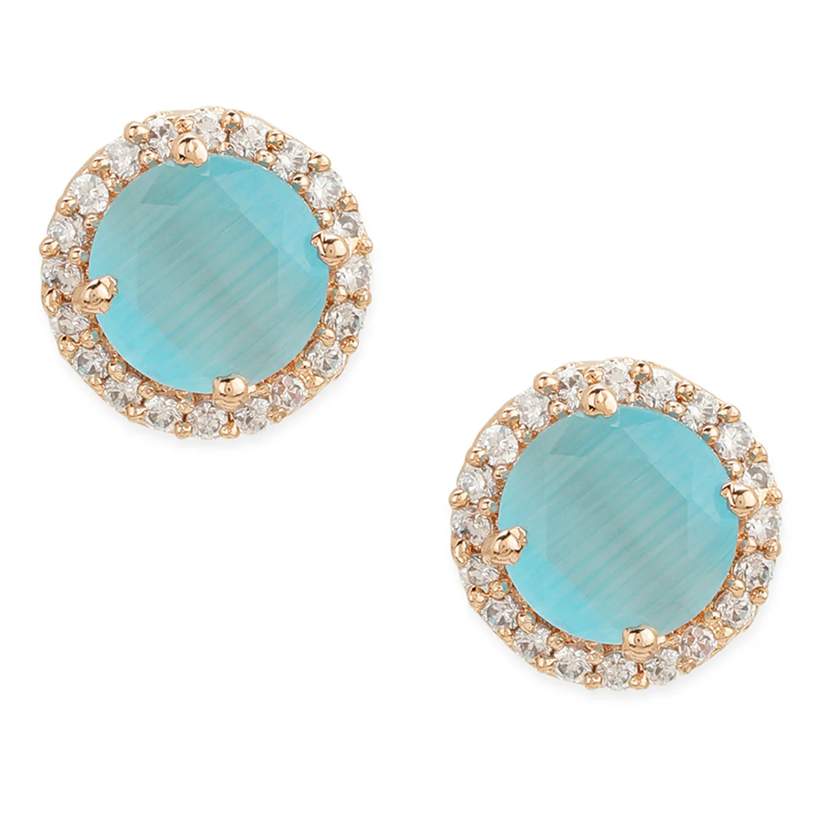 American Diamond CZ Rose Gold Brass Stud Earrings with Blue Stone - Image 3