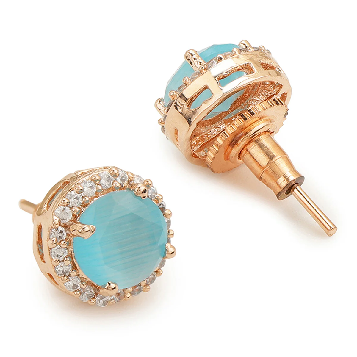 American Diamond CZ Rose Gold Brass Stud Earrings with Blue Stone - Image 4