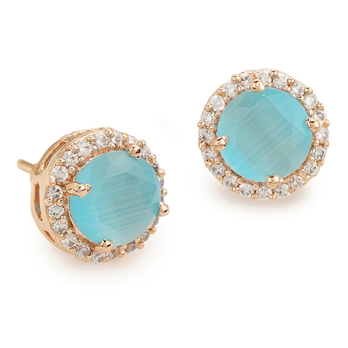 American Diamond CZ Rose Gold Brass Stud Earrings with Blue Stone - Image 5