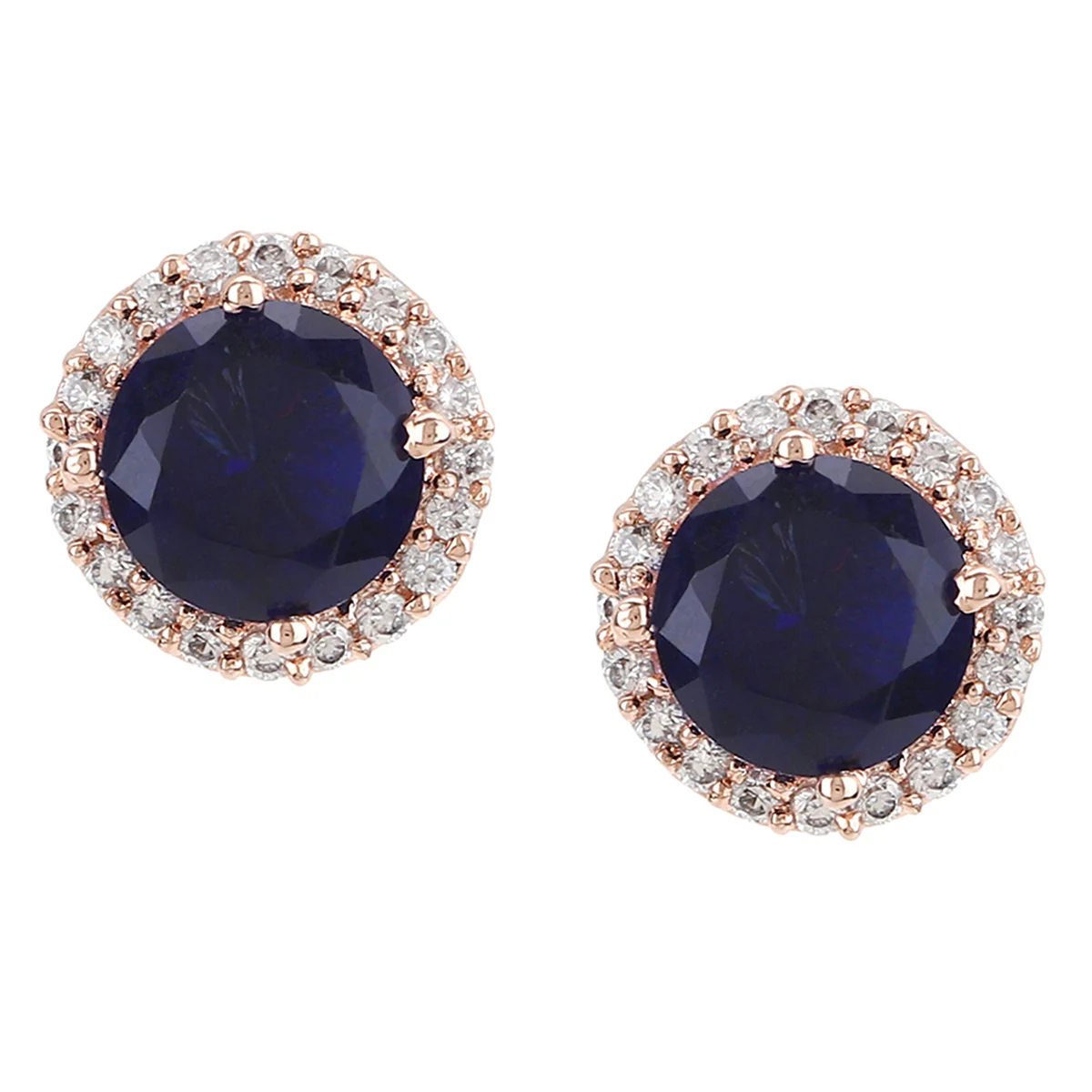 CZ Rose Gold Stud Earrings with Blue Stone - Image 3