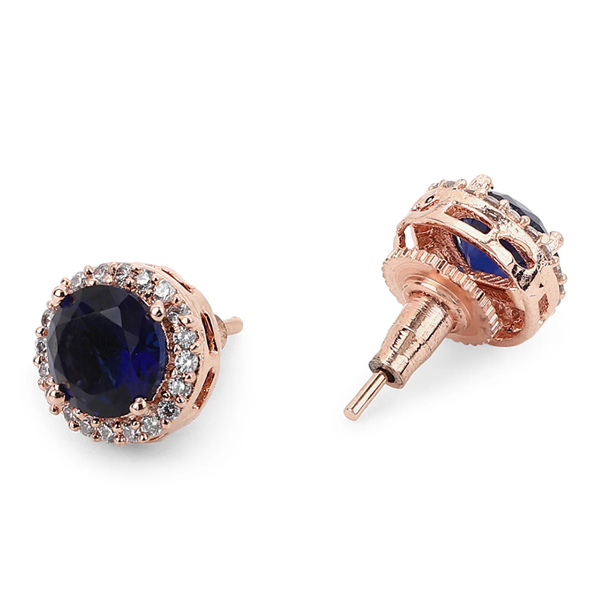 CZ Rose Gold Stud Earrings with Blue Stone - Image 4