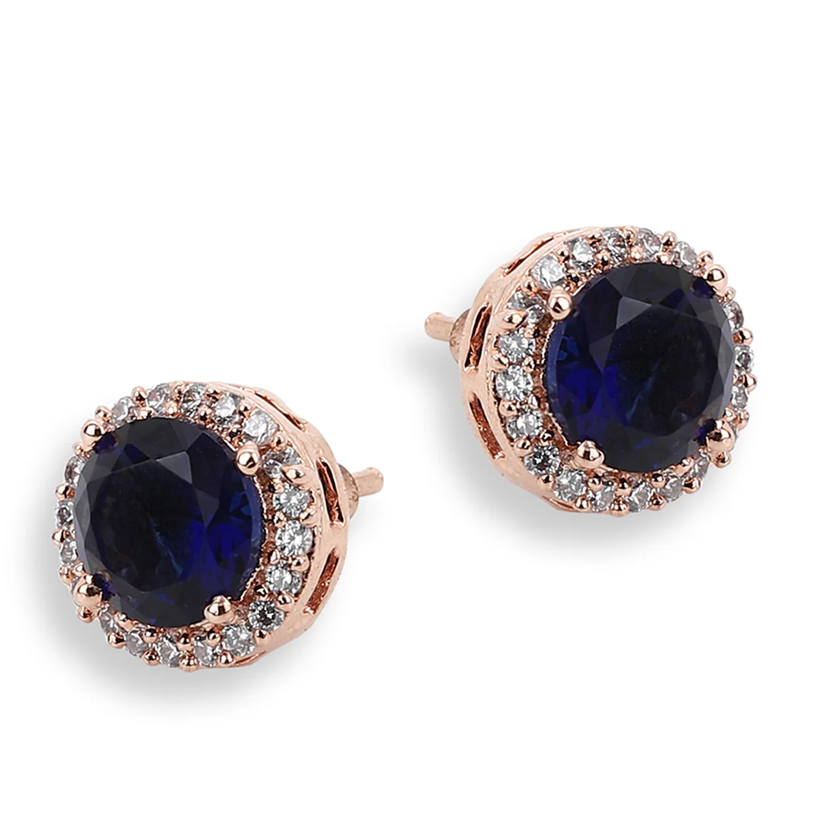 CZ Rose Gold Stud Earrings with Blue Stone - Image 5