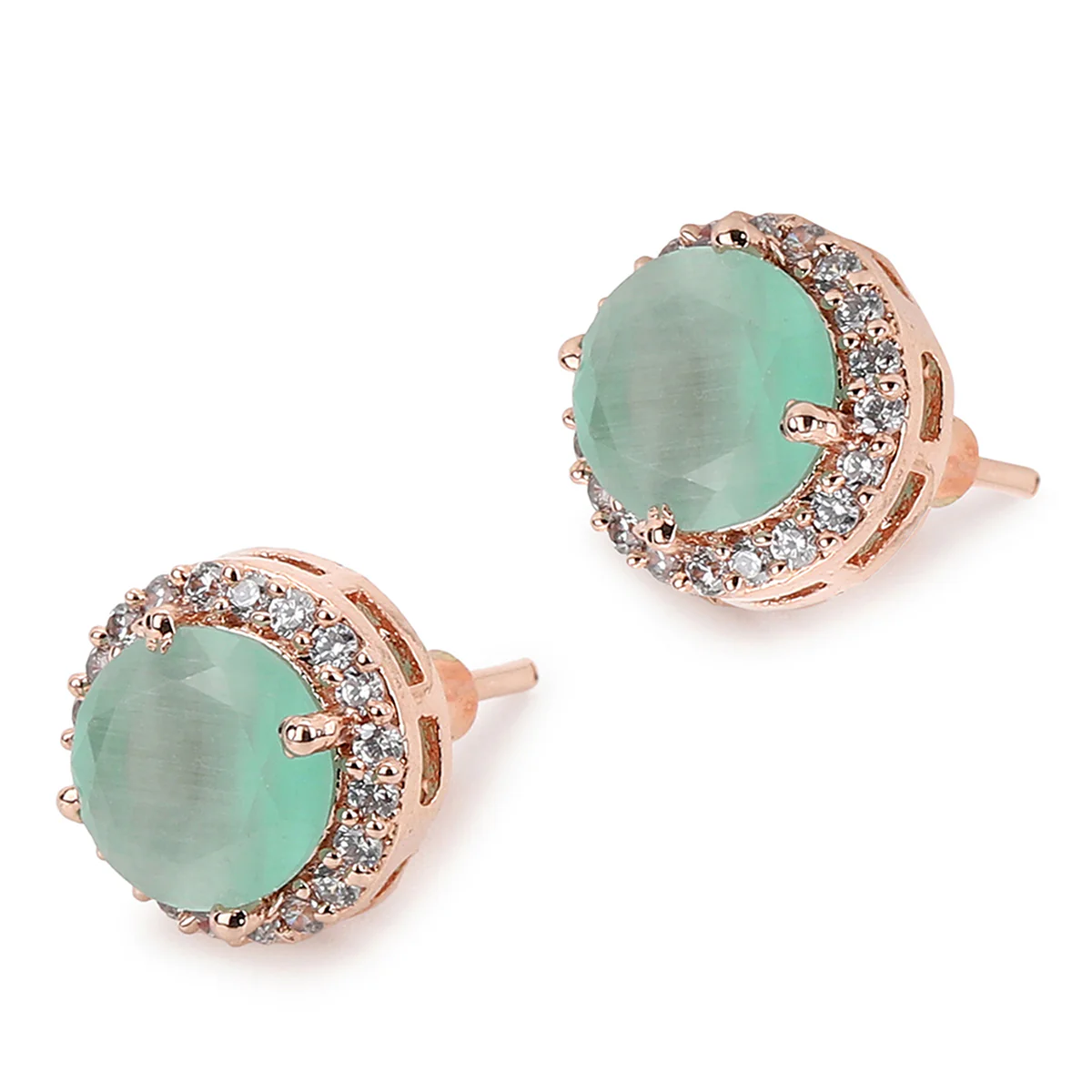 American Diamond CZ Rose Gold Brass Stud Earrings with Green Stone - Image 5