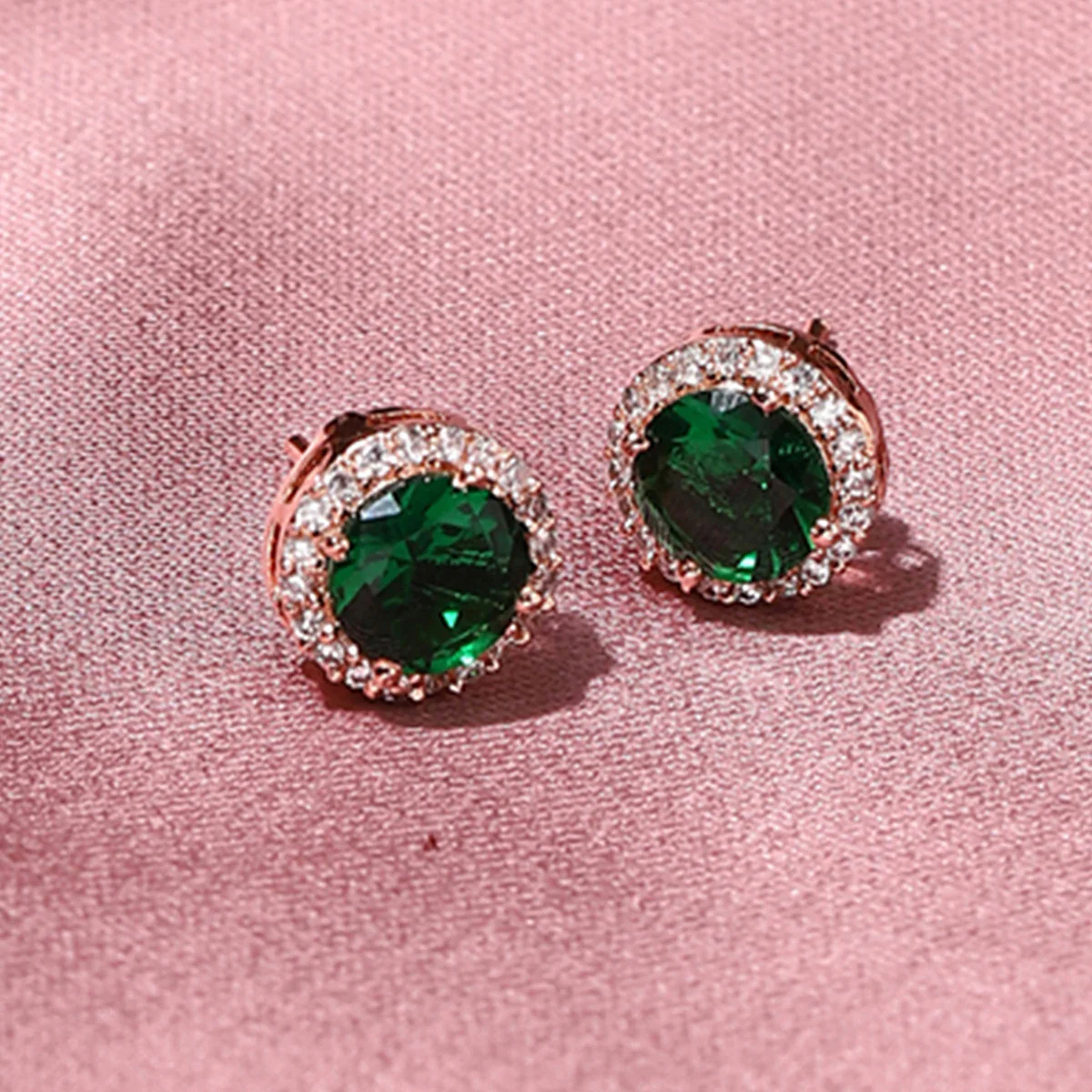 American Diamond CZ Rose Gold Brass Stud Earrings with Green Stone