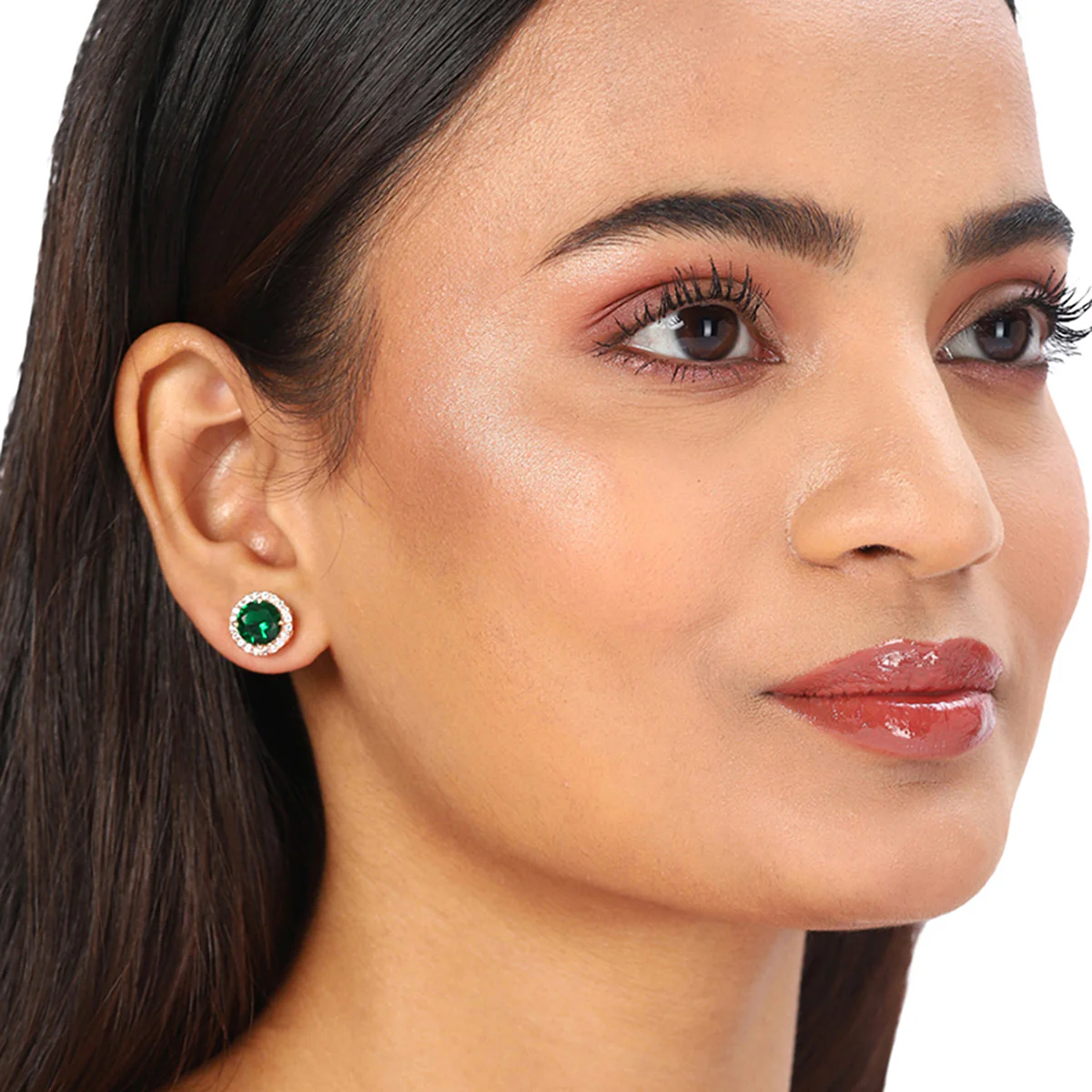 American Diamond CZ Rose Gold Brass Stud Earrings with Green Stone - Image 2