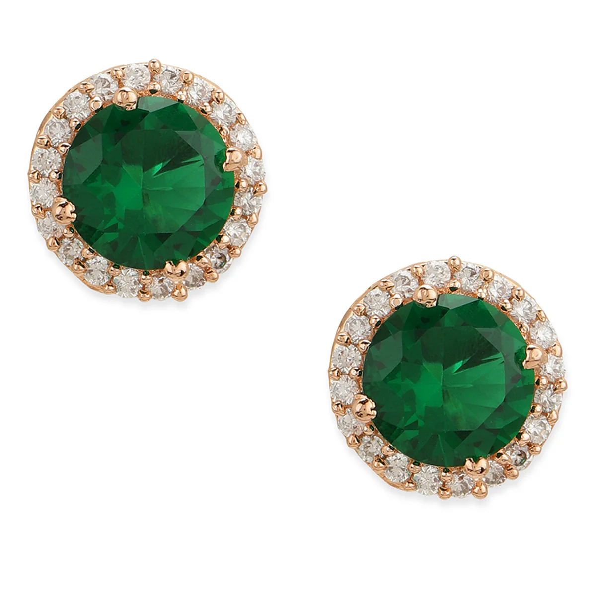 American Diamond CZ Rose Gold Brass Stud Earrings with Green Stone - Image 3