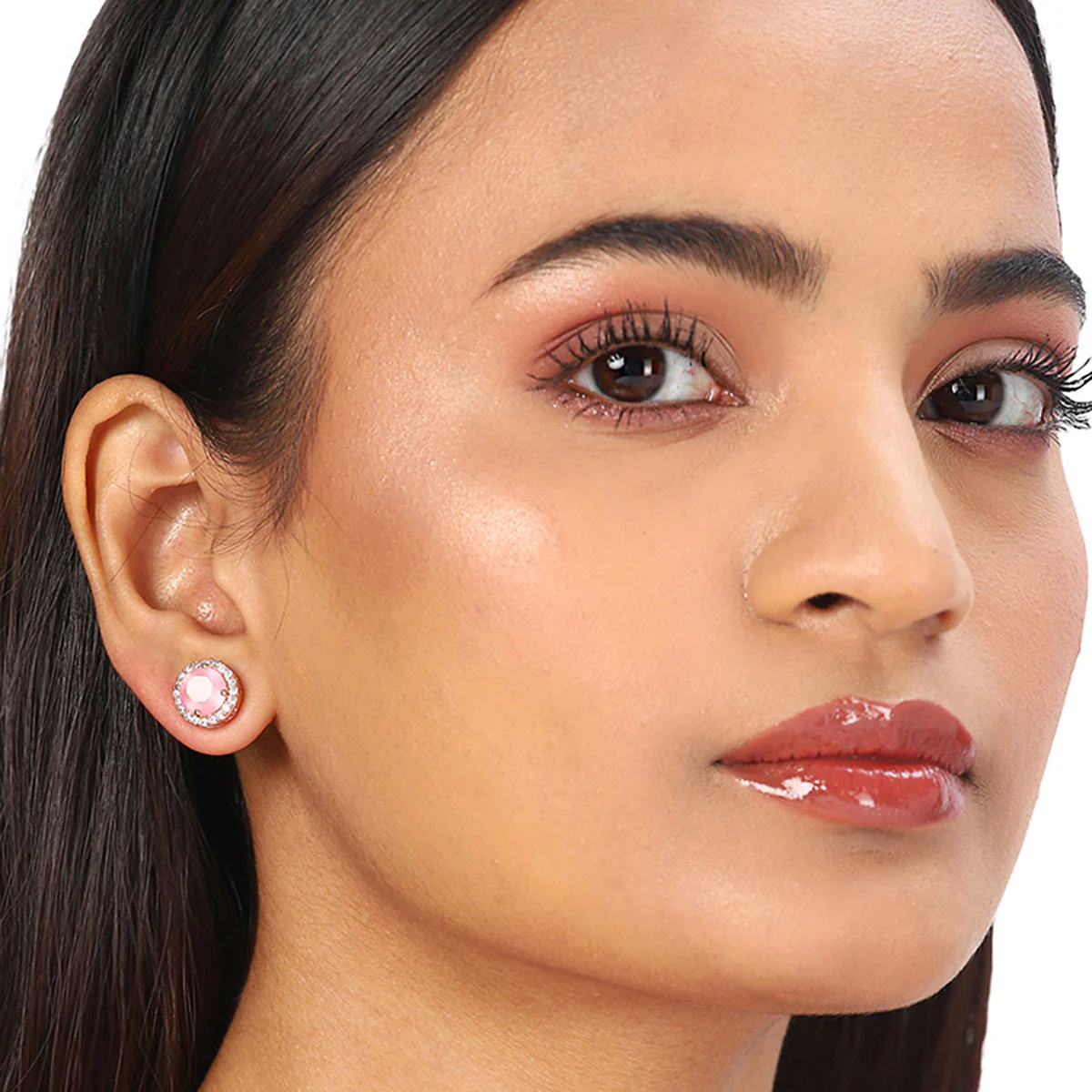 American Diamond CZ Rose Gold Brass Stud Earrings with Pink Stone - Image 2