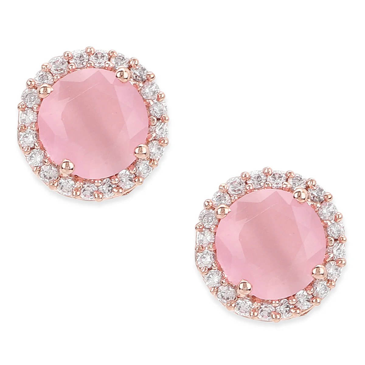 American Diamond CZ Rose Gold Brass Stud Earrings with Pink Stone - Image 3