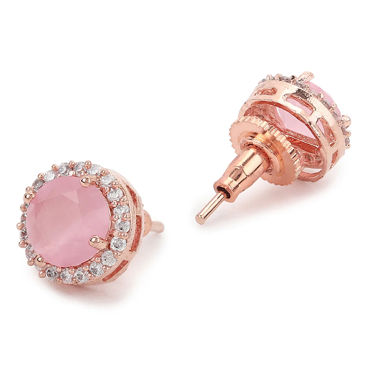 American Diamond CZ Rose Gold Brass Stud Earrings with Pink Stone - Image 4