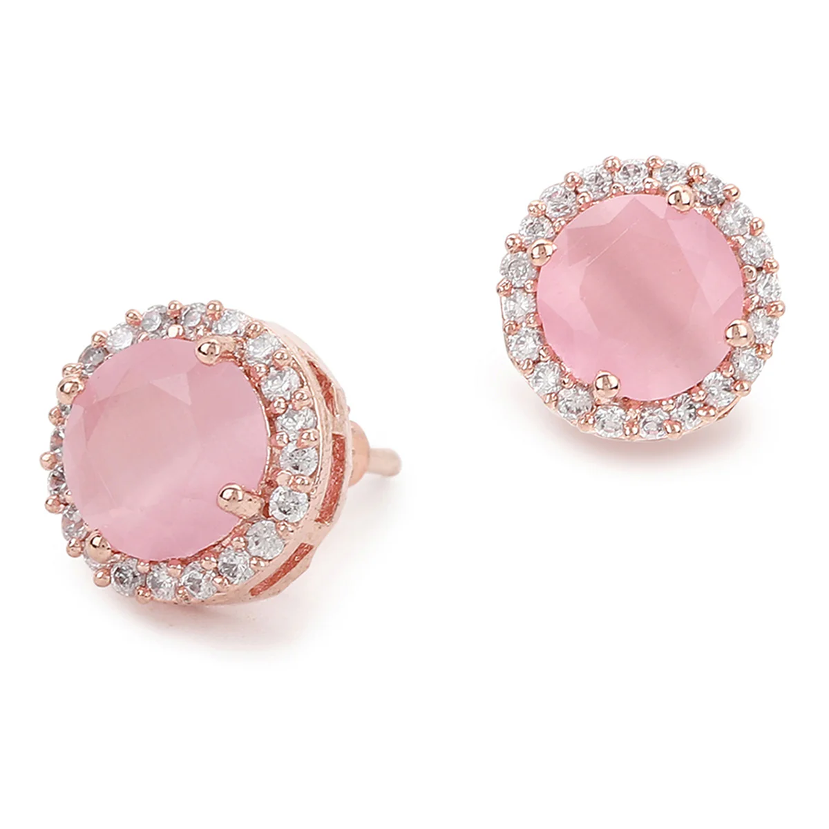 American Diamond CZ Rose Gold Brass Stud Earrings with Pink Stone - Image 5