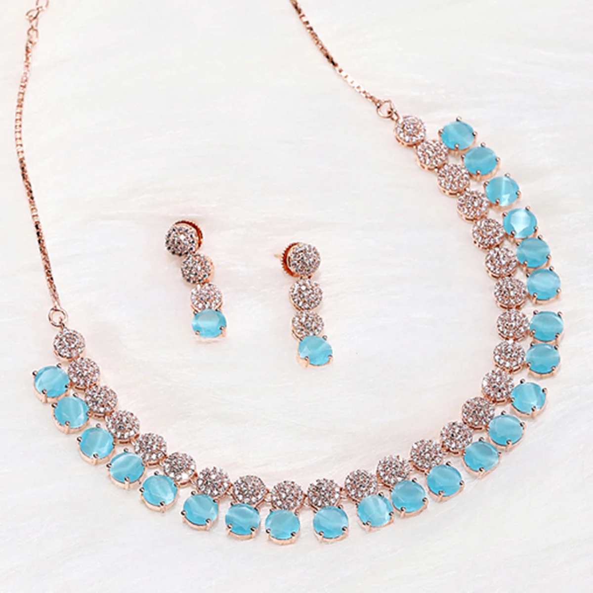 CZ Rose Gold Plated Necklace Set with Blue Stones