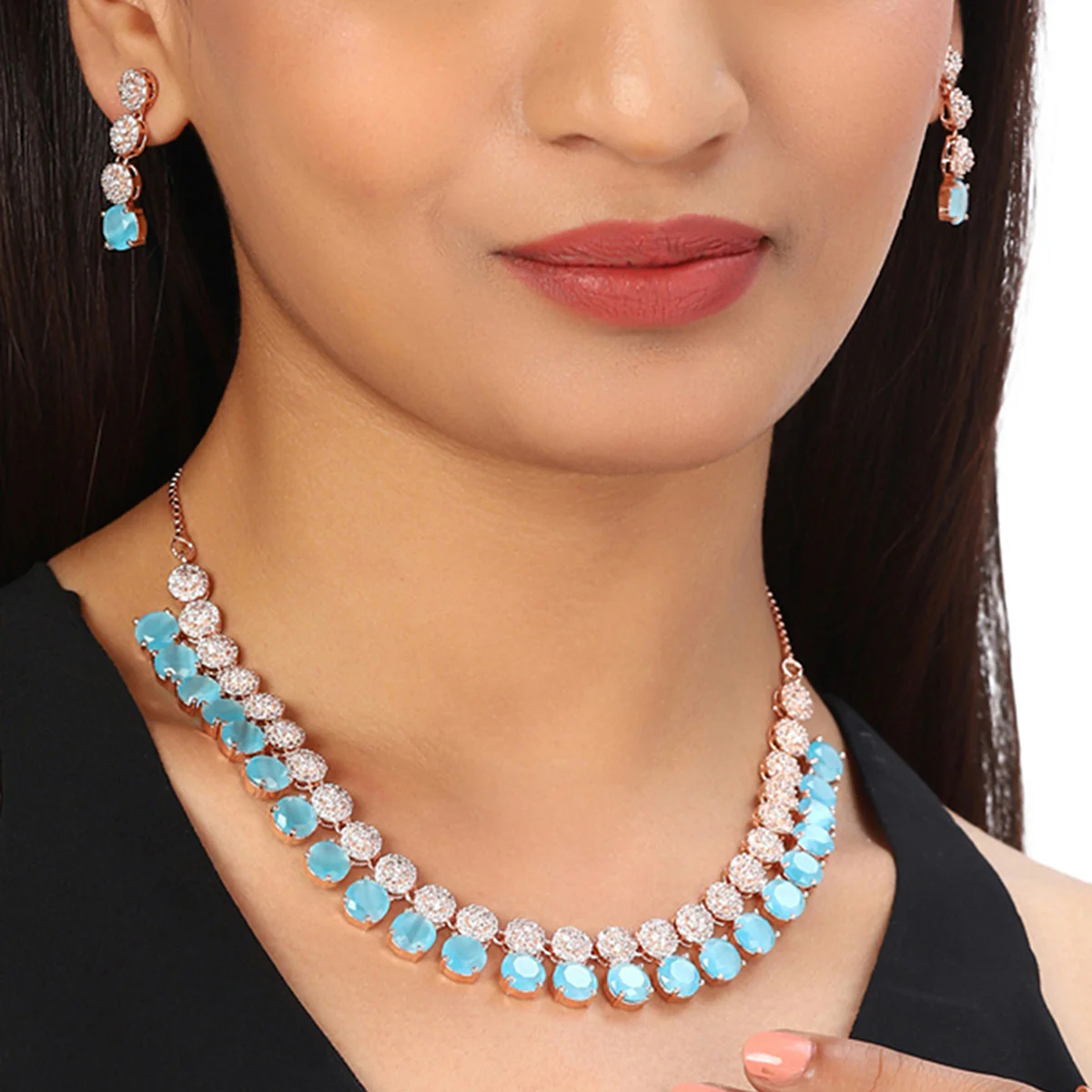 CZ Rose Gold Plated Necklace Set with Blue Stones - Image 2