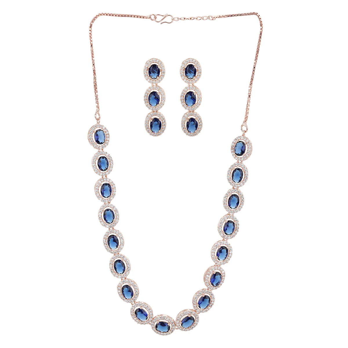CZ Rose Gold Plated Necklace Set with Blue Stones - Image 3