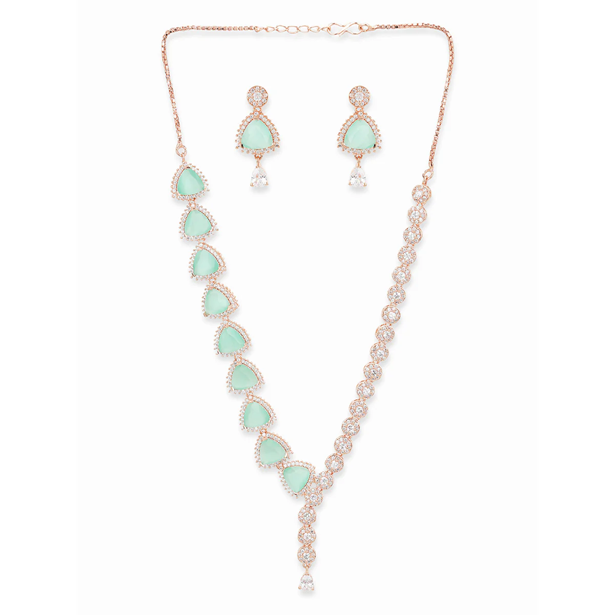 CZ Rose Gold Plated Pearl Necklace Set with Green Stone - Image 3