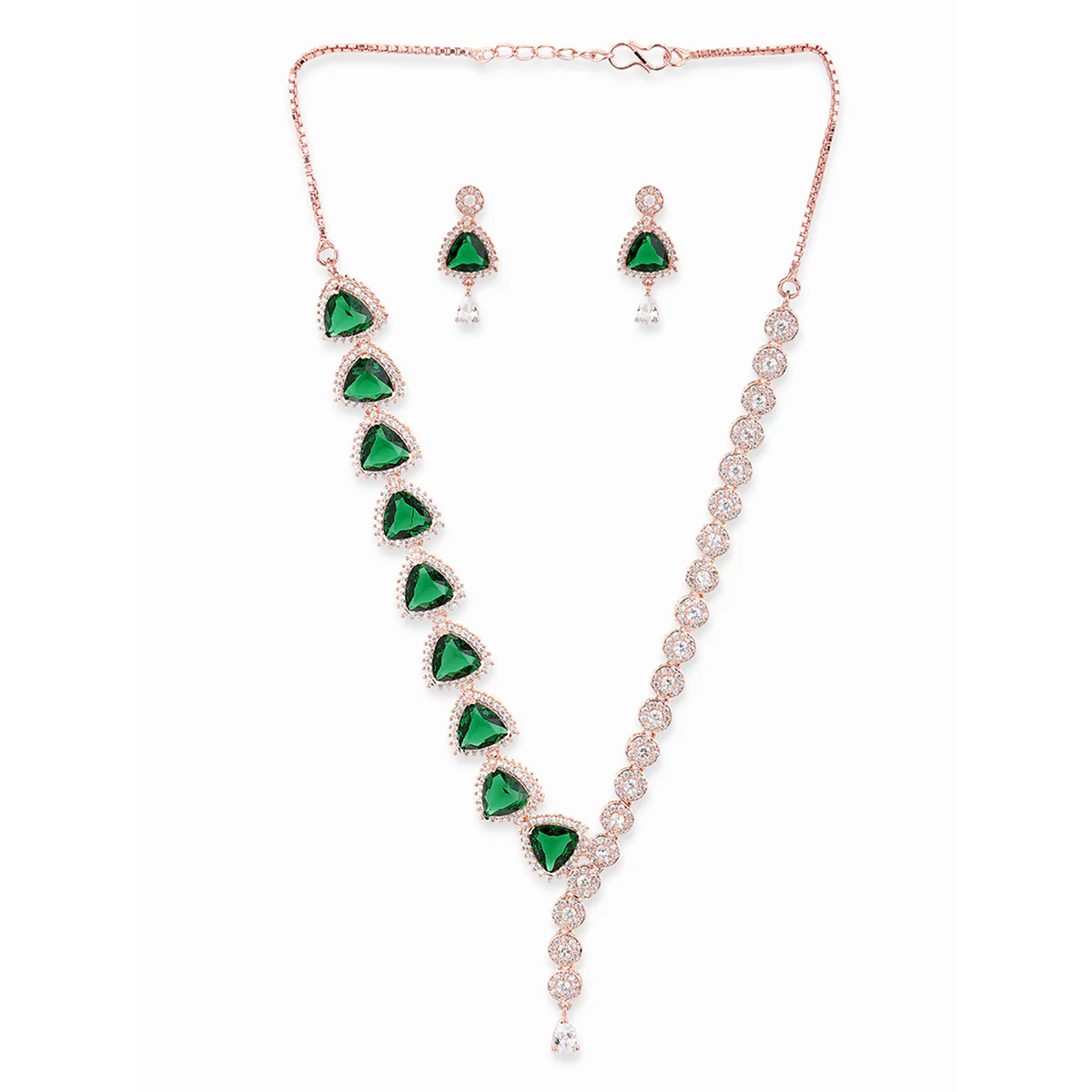 CZ Rose Gold Plated Necklace Set with Green Stones - Image 3