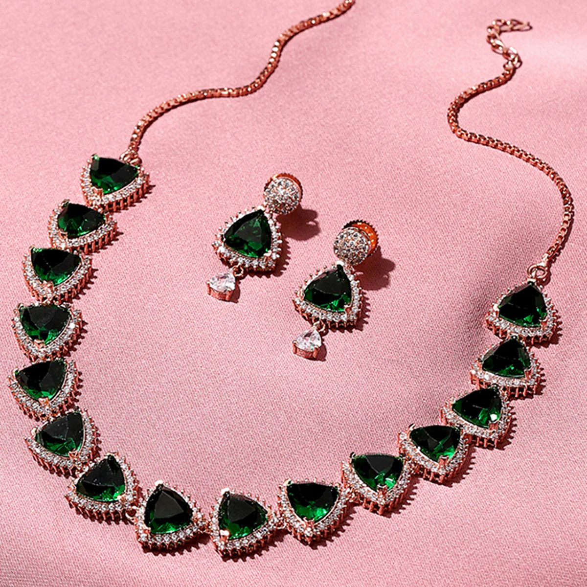 CZ Rose Gold Plated Necklace Set with Green Stones