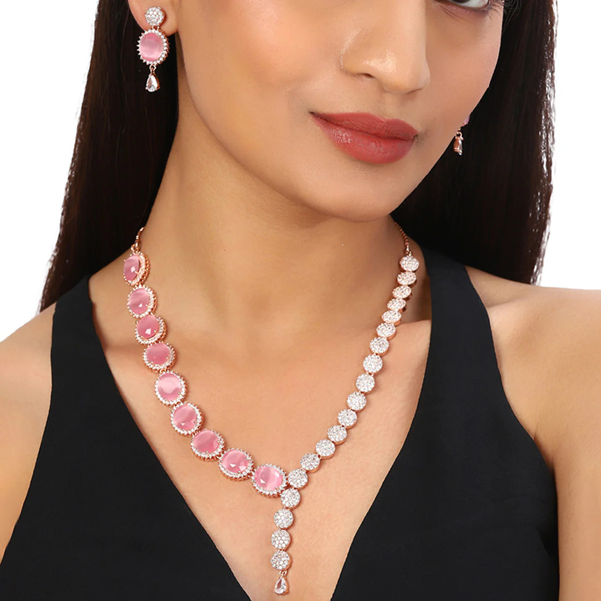 Sparkling Elegance Pink Zircons Overlap Pattern Jewellery Set - Image 2
