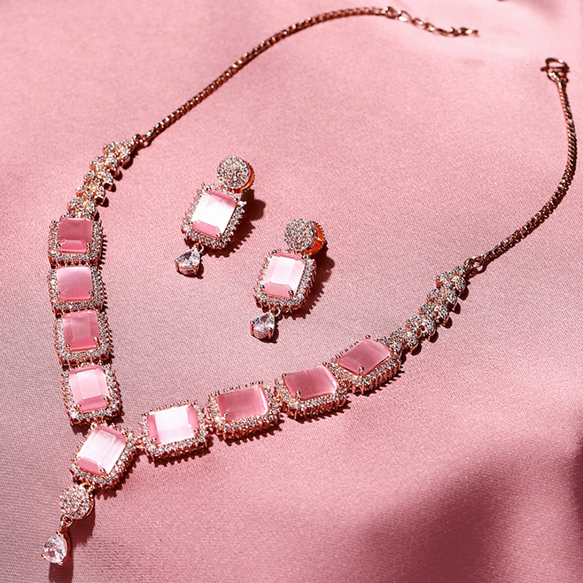 CZ Rose Gold Plated Necklace Set with Pink Stones