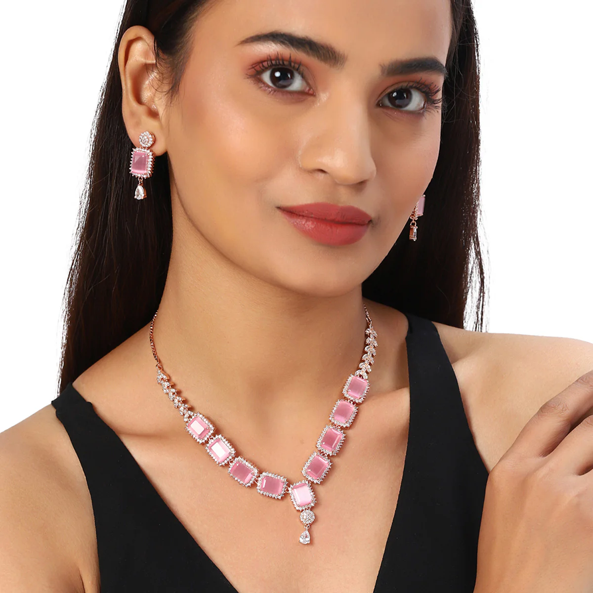 CZ Rose Gold Plated Necklace Set with Pink Stones - Image 2