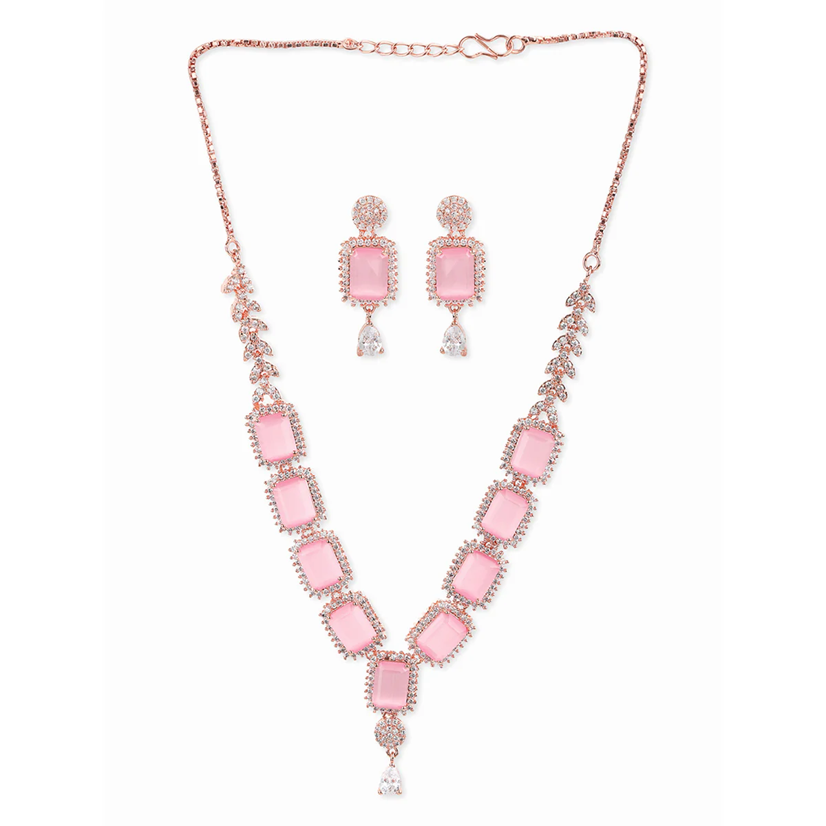 CZ Rose Gold Plated Necklace Set with Pink Stones - Image 3