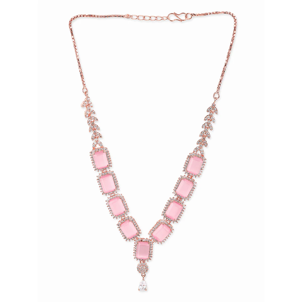 CZ Rose Gold Plated Necklace Set with Pink Stones - Image 4