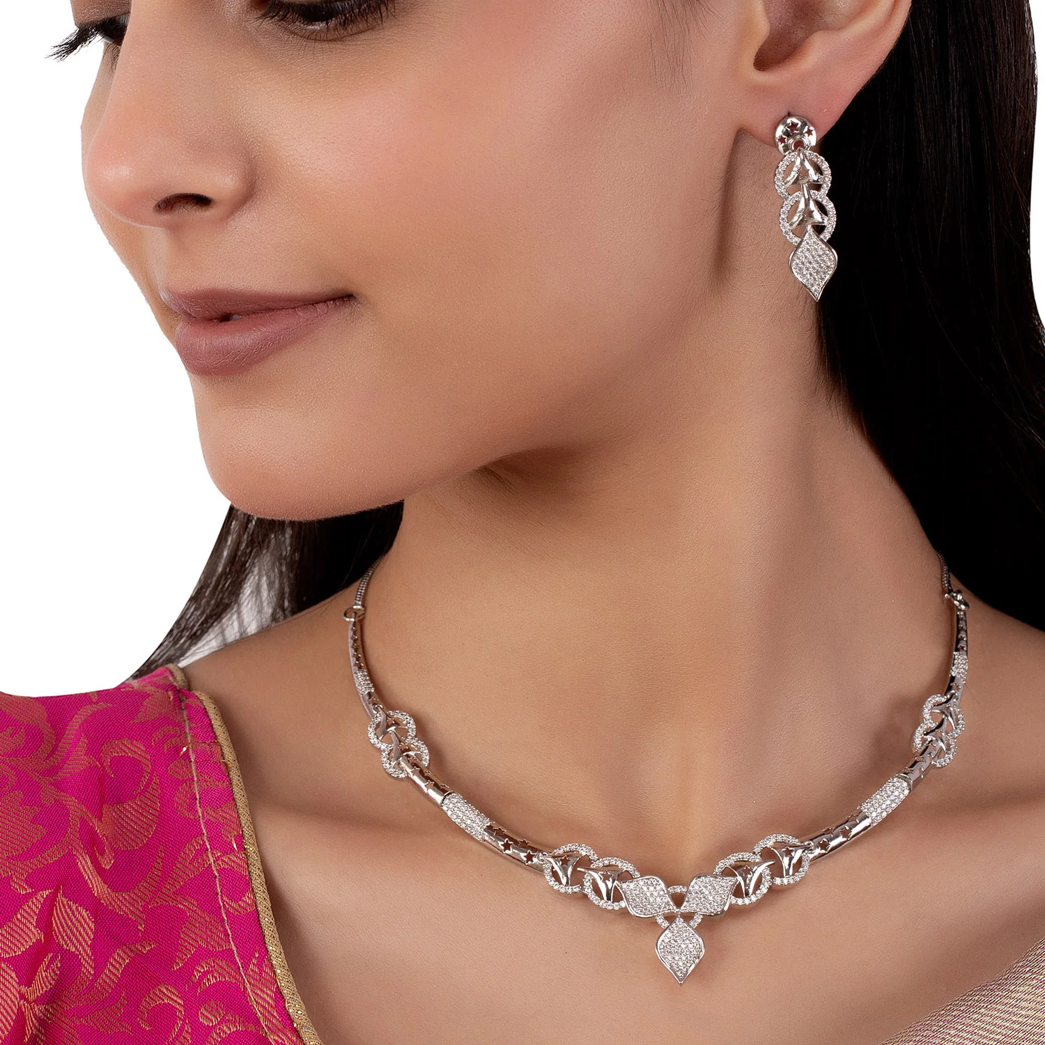 American Diamond CZ Silver Brass Jewellery Set - Image 2