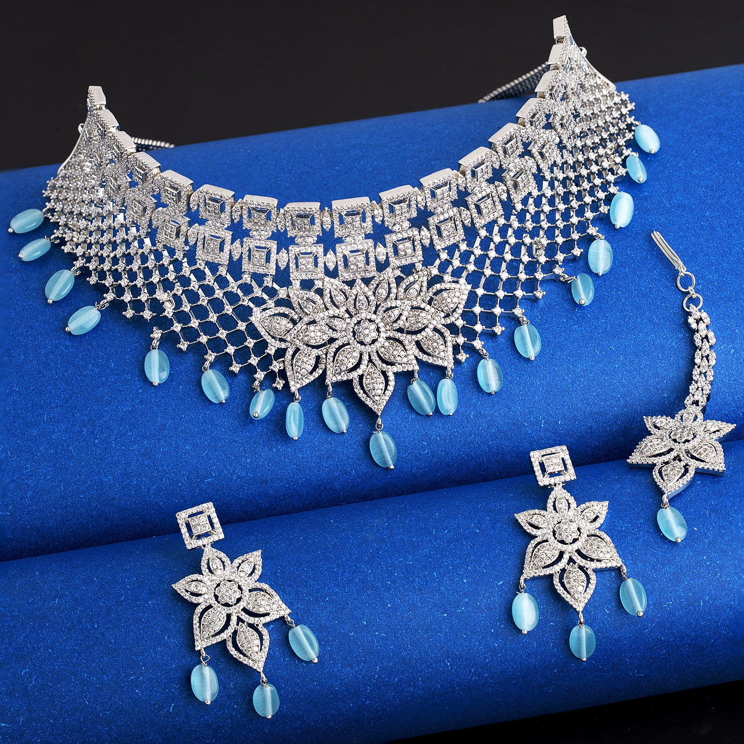 American Diamond CZ Silver Brass Necklace Set