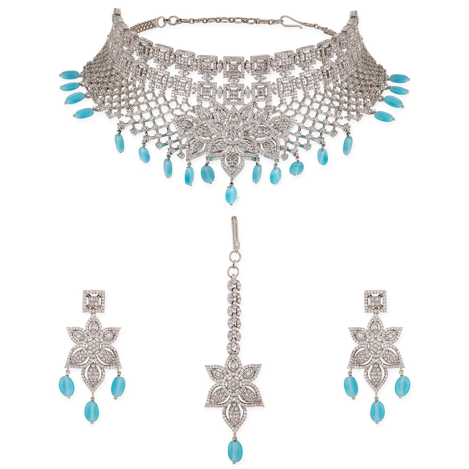 American Diamond CZ Silver Brass Necklace Set - Image 3