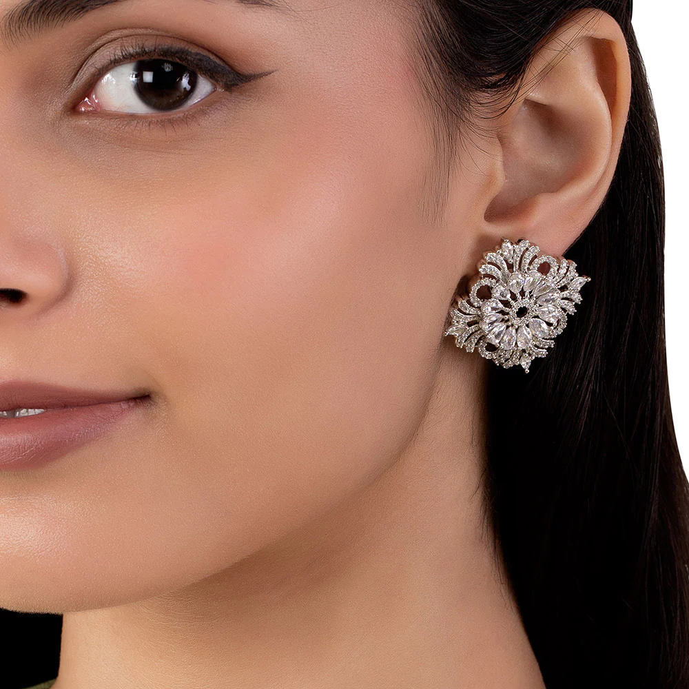 American Diamond CZ Silver Plated Brass Stud Earrings - Image 2